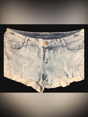 Vanity Pale Blue Lace-Trim Distressed Denim Shorts
